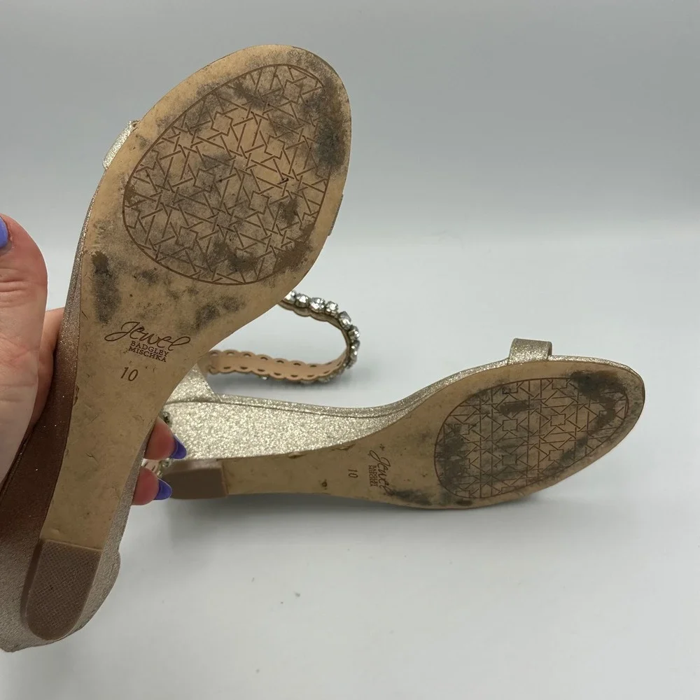 Jewel Badgley Mischka Gold Glitter Ankle Strap Sandals‎ 10 w/ Box & Extras